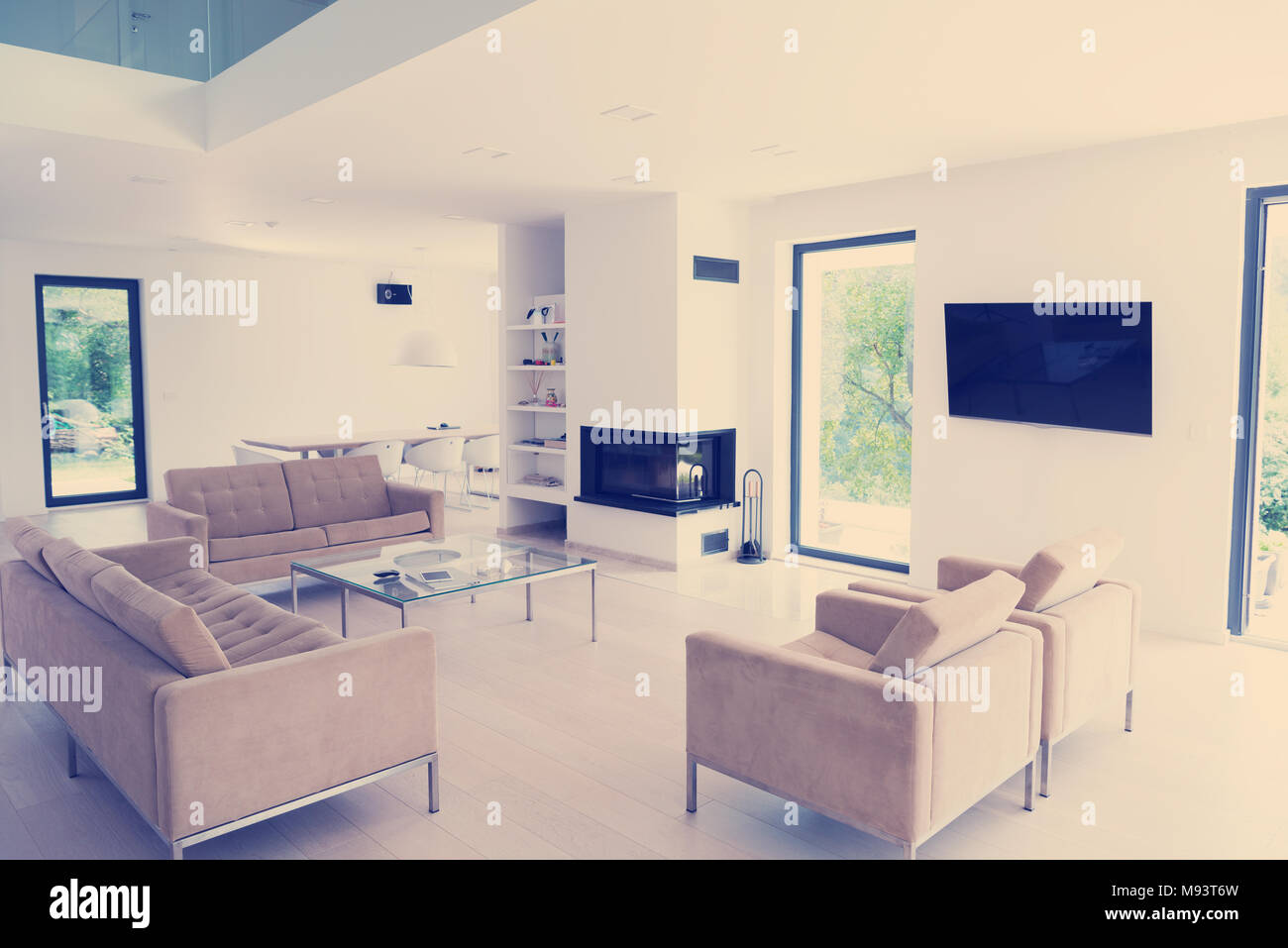 Picture of Architecture, Interior, modern apartment, wide living room Stock Photo ...
