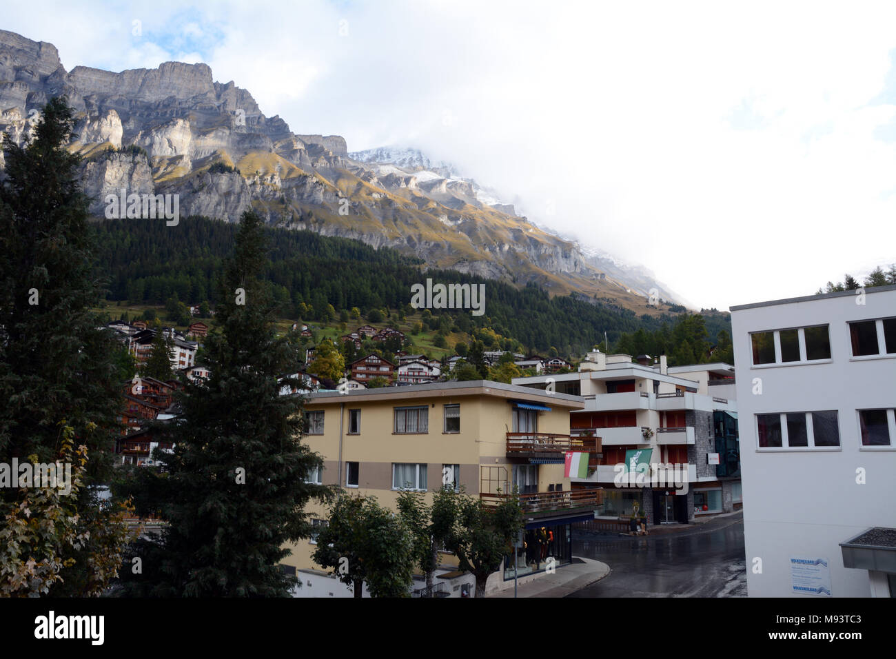 Rinderhorn and the mountains of the Gemmi Pass in the Bernese Alps overlooking the Swiss alpine resort town of Leukerbad, Valais canton, Switzerland. Stock Photo