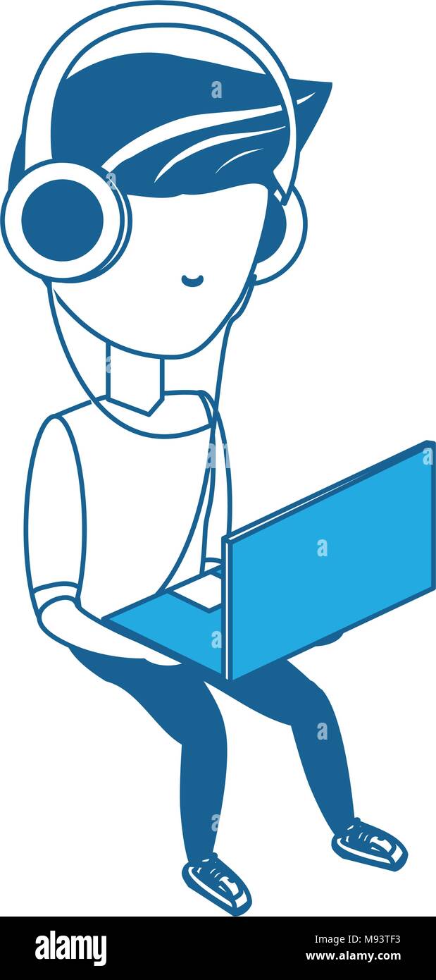 avatar young man sitting and using a laptop computer and headphones ...