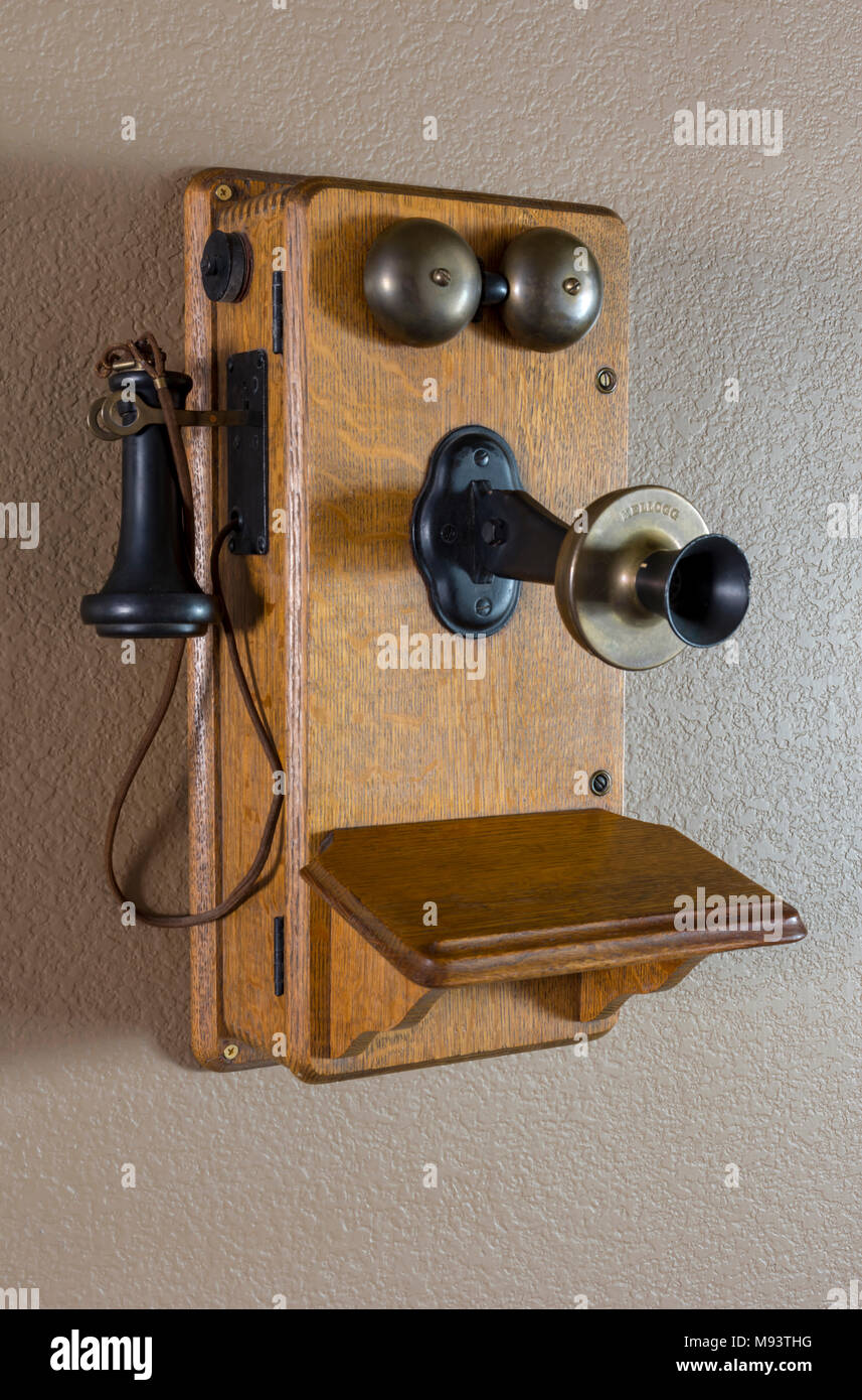 Antique Kellogg Telephone from the early 1900's displayed on wall, Colorado US. Stock Photo