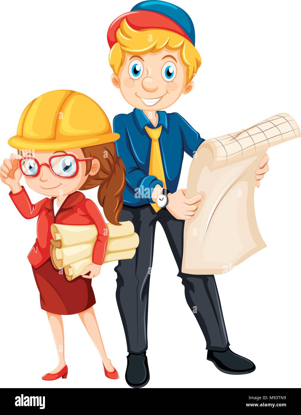 Male and female engineer with blueprint illustration Stock Vector