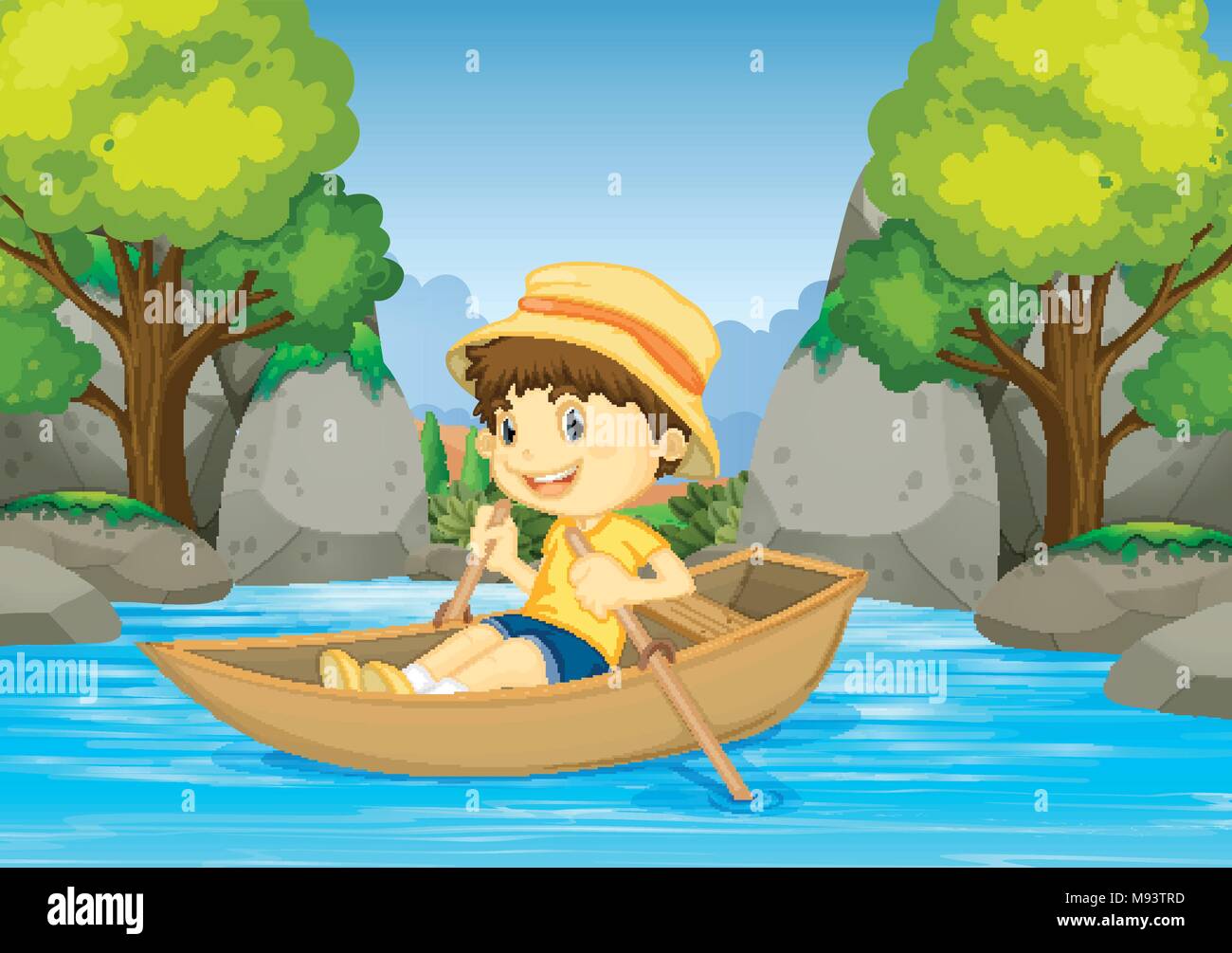 Boy rowing boat in the river illustration Stock Vector Image & Art Alamy