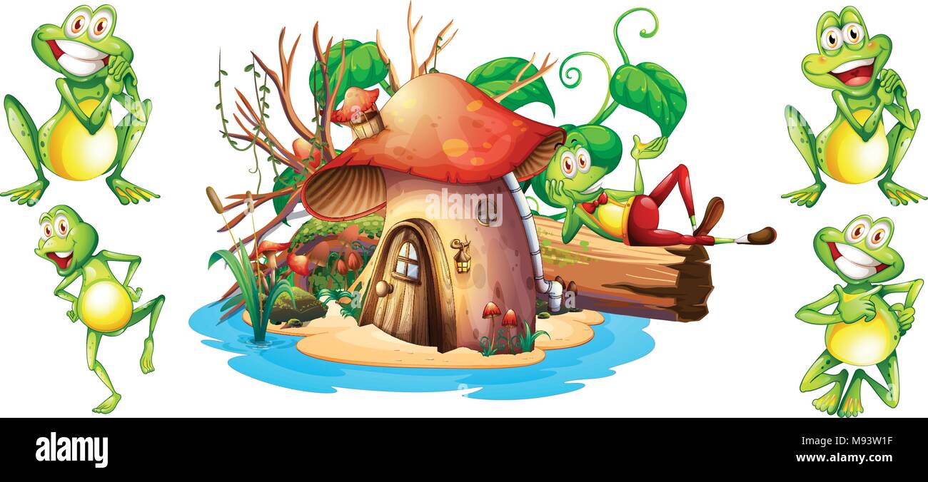 Happy frogs and mushroom house illustration Stock Vector Image & Art