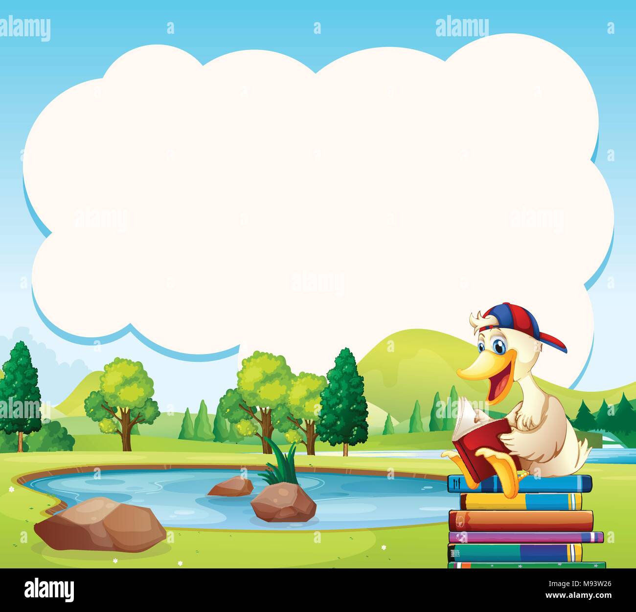 Border template with duck reading book in the park illustration Stock ...