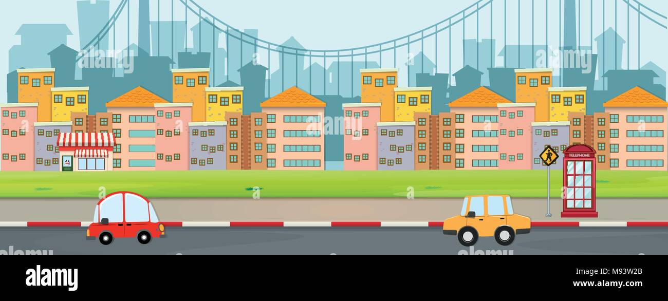 Scene with buildings and cars on road illustration Stock Vector Image ...