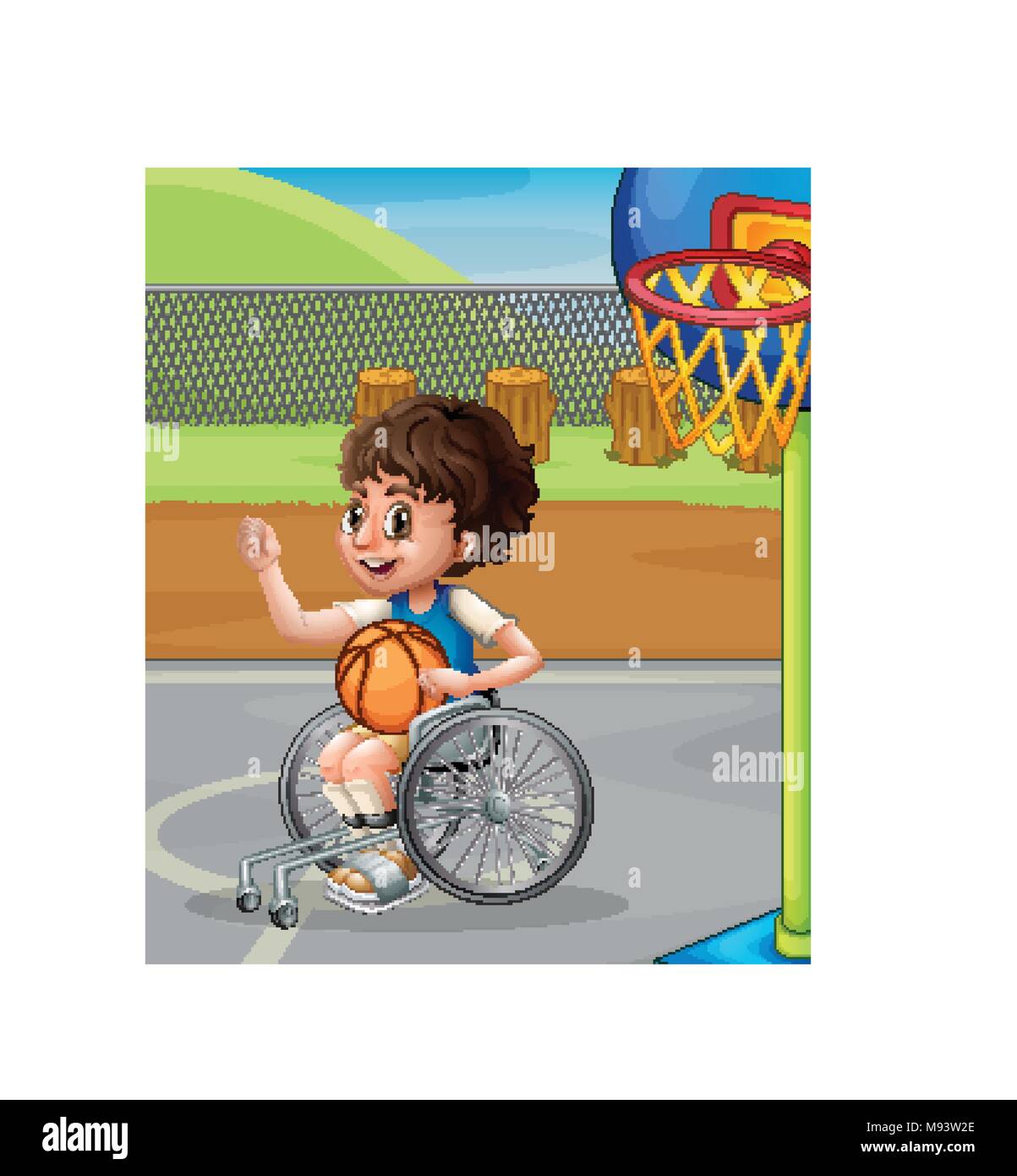 Boy on wheelchair playing basketball illustration Stock Vector