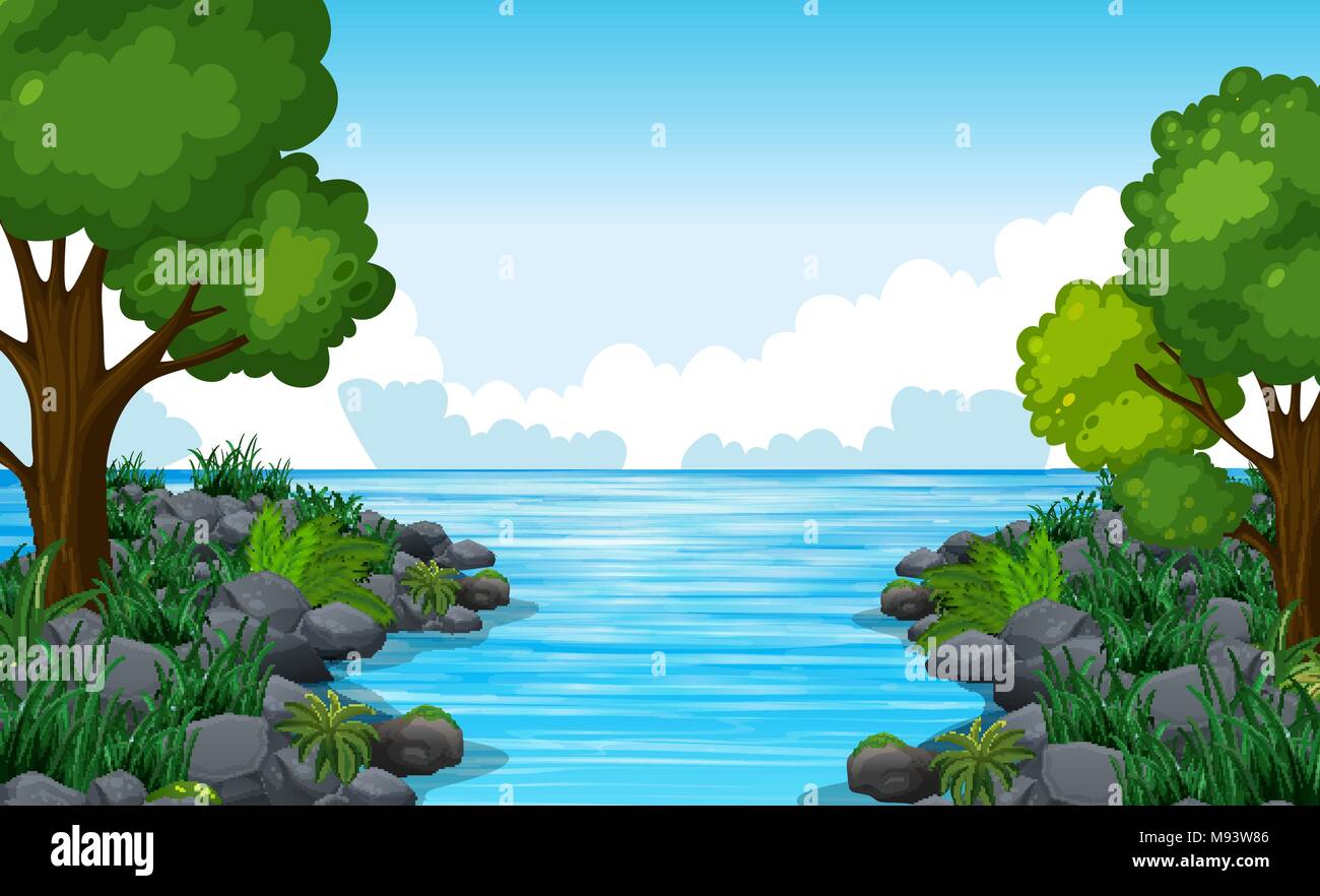 Nature scene of river with many trees illustration Stock Vector Image ...