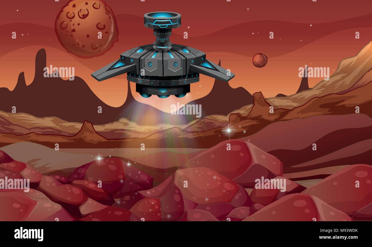 Background scene with spaceship landing on planet illustration Stock ...