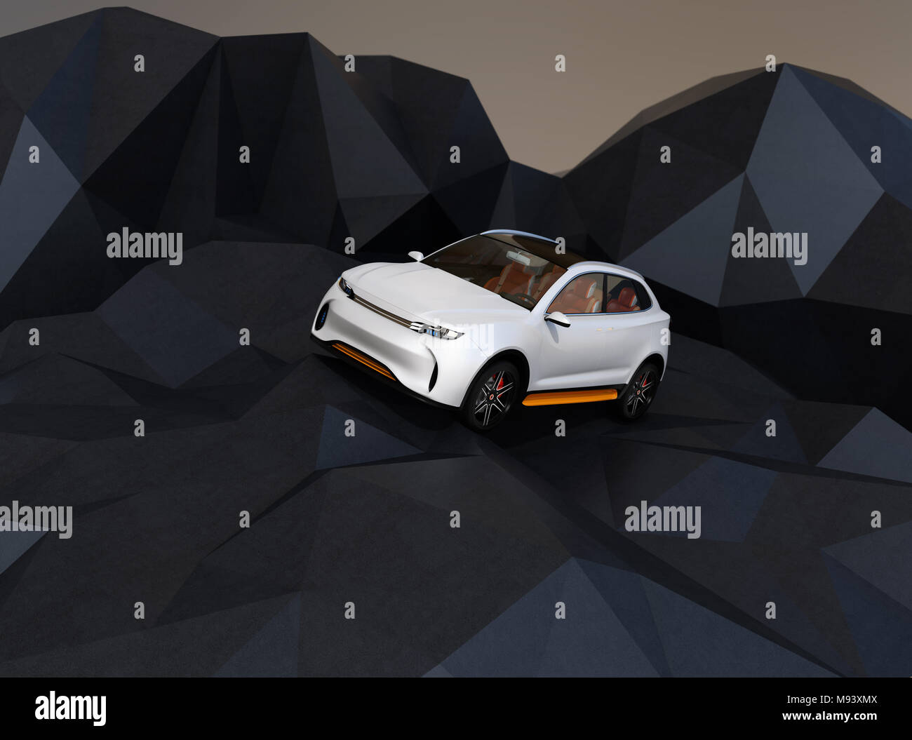 White electric SUV on geometric hard surface ground. 3D rendering image. Stock Photo