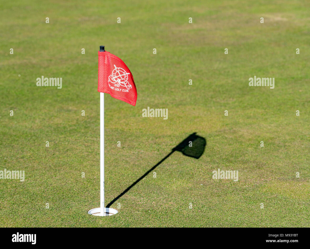 Detail of flag in hole of putting green at Gullane Golf Course in East Lothian , Scotland, United Kingdom Stock Photo