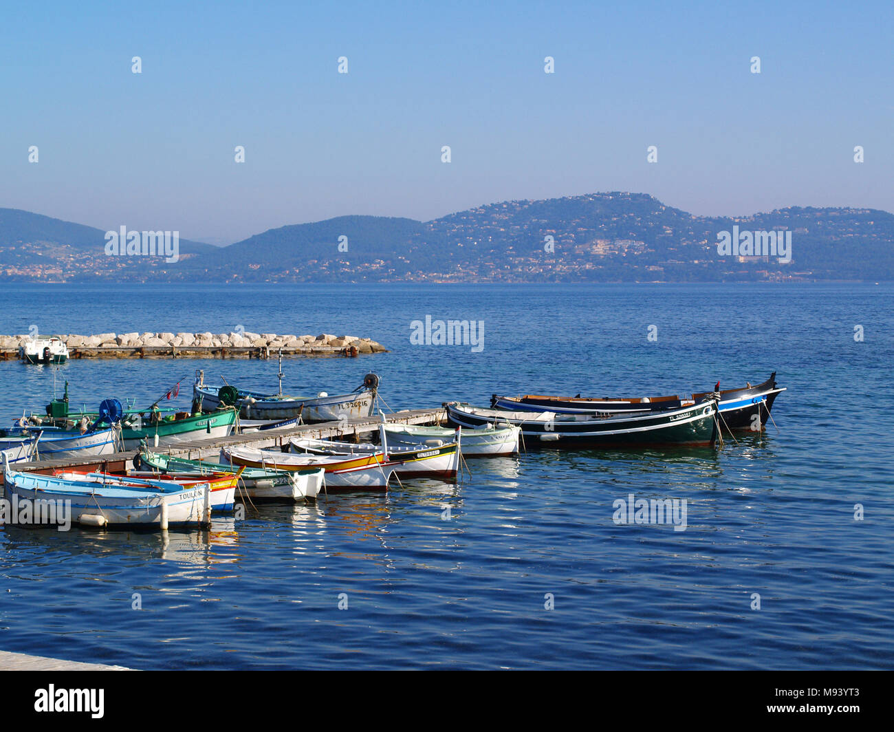 Colorful fishing boats to the small port of La Madrague de Giens Stock Photo