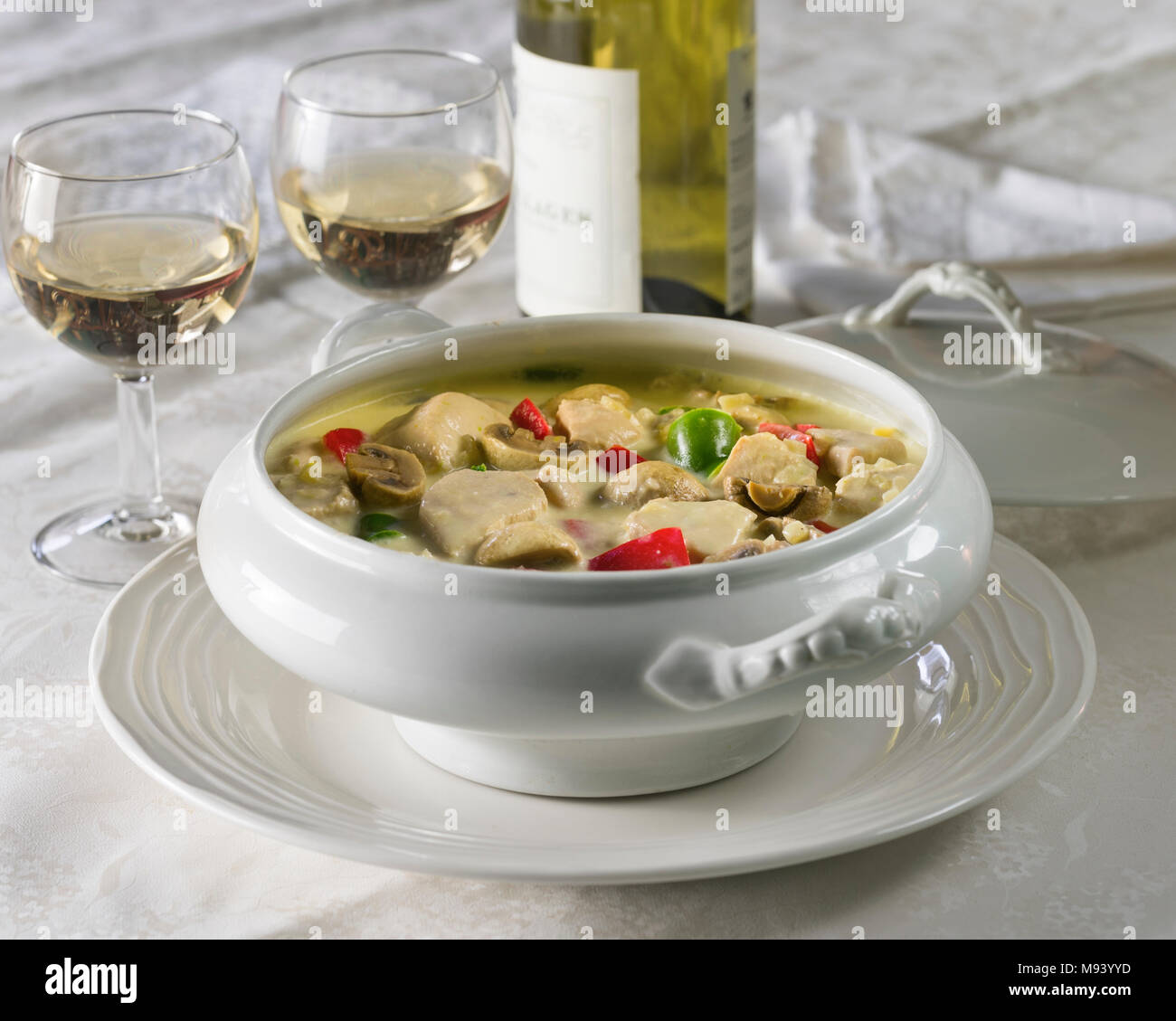 Chicken à la King. Chicken in cream sauce, with sherry, mushrooms and peppers. Stock Photo