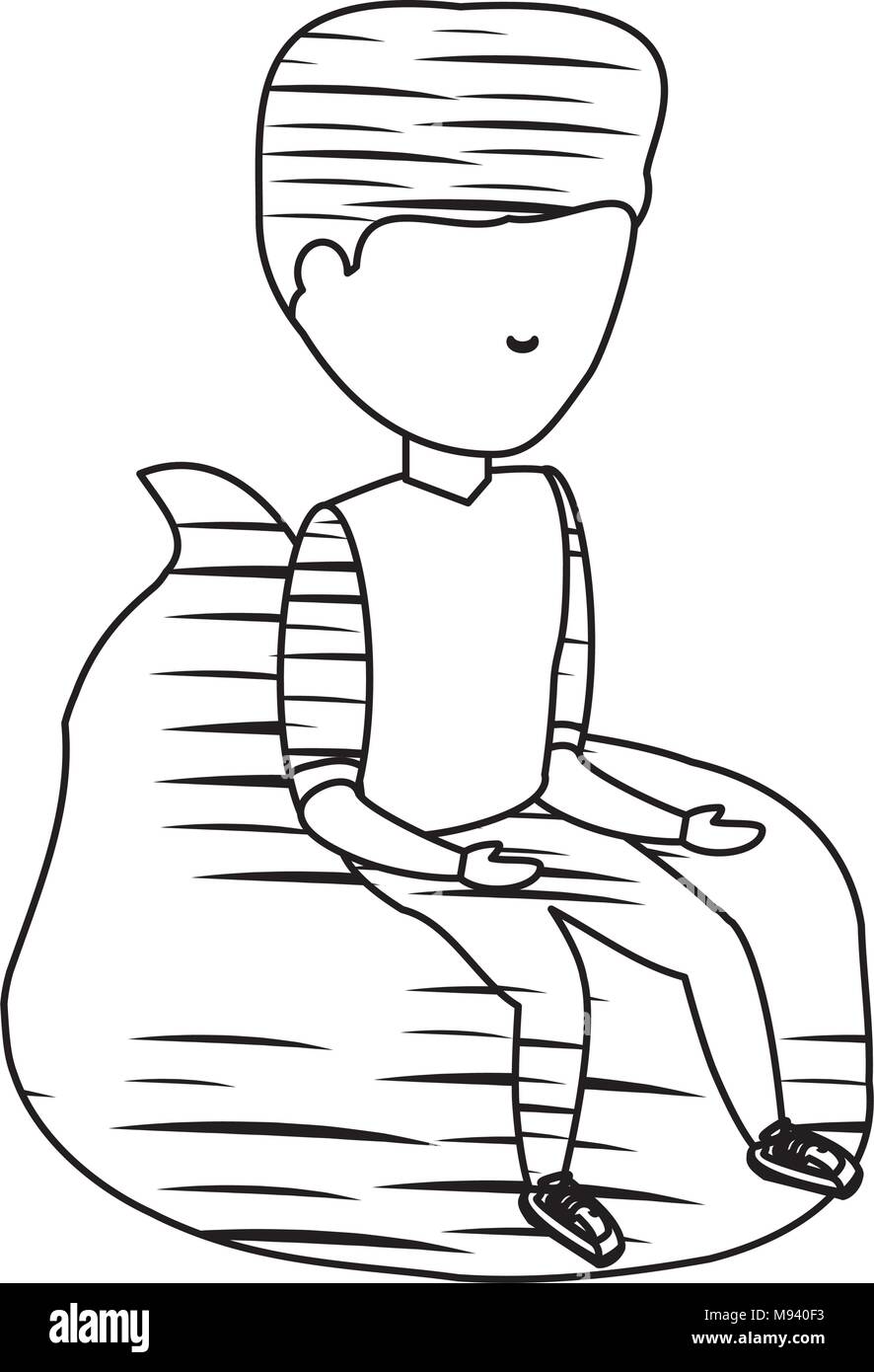 sketch of avatar man sitting on bean bag over white background, vector