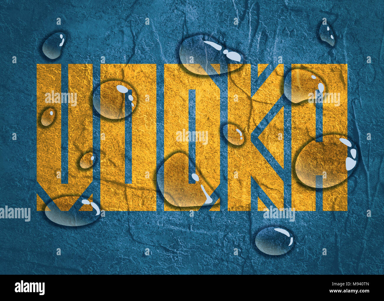 Drink alcohol beverage. Vodka word lettering. Concrete textured. Water