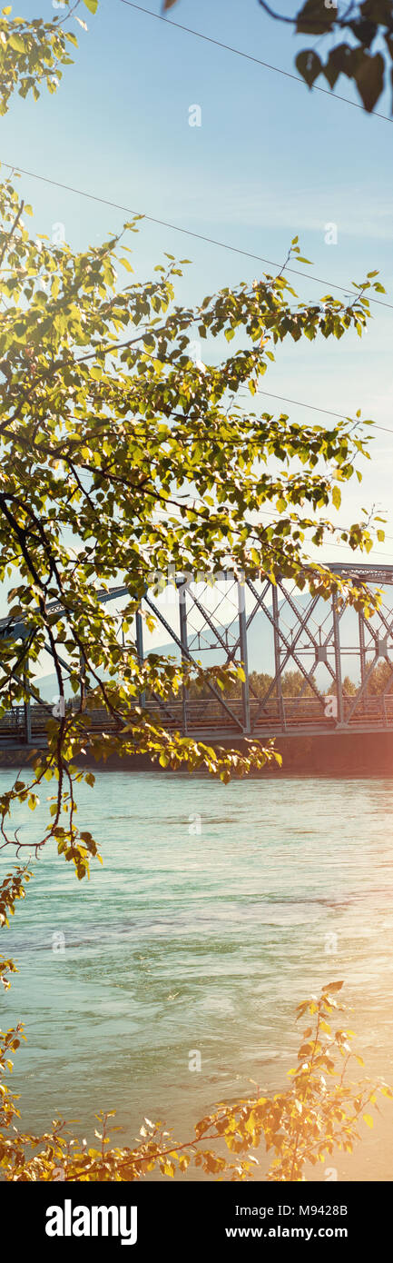 Metal bridge over the river surrounded with trees Stock Photo - Alamy