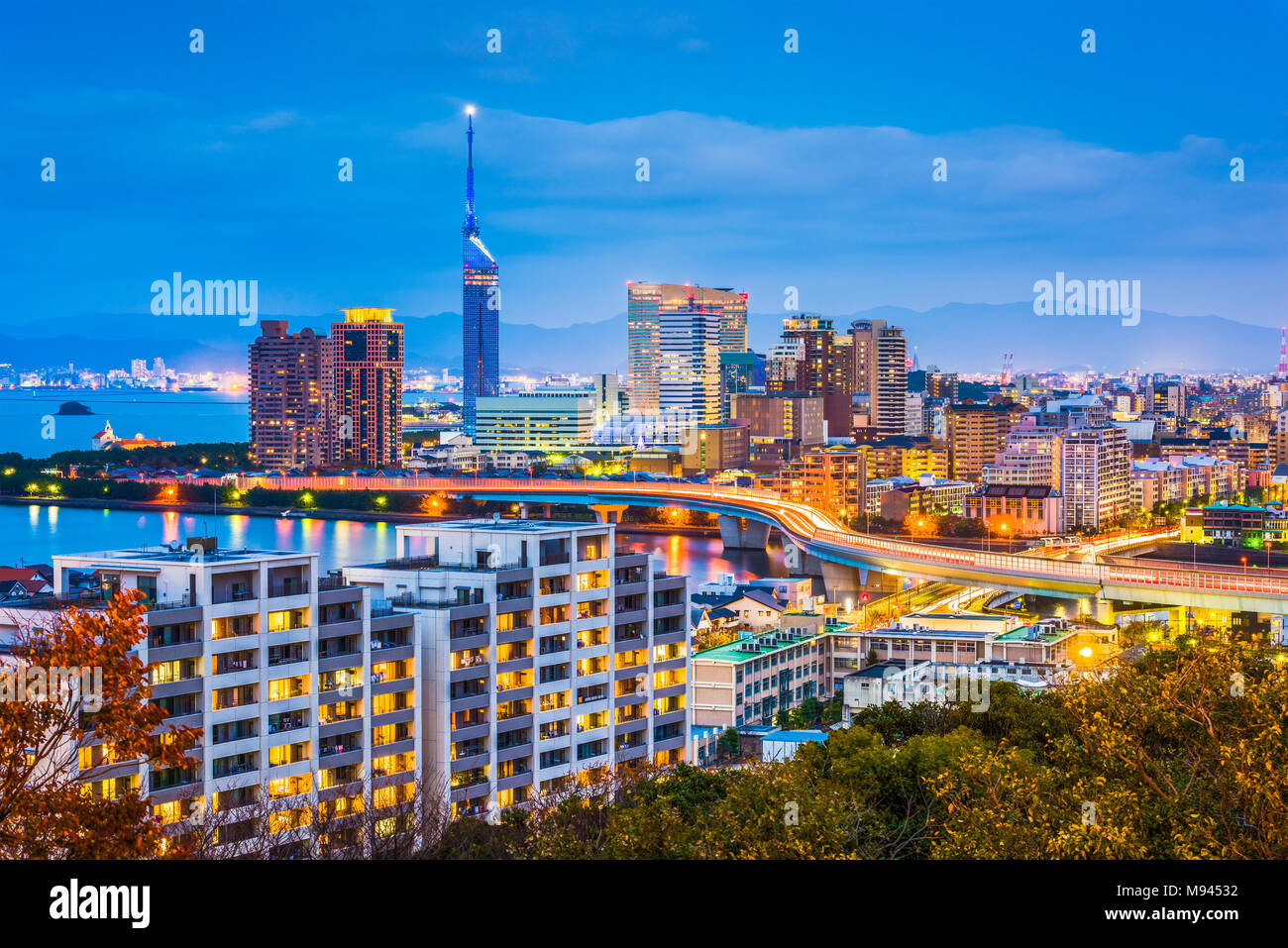 Fukuoka, Japan cityscape of the Momochihama area at dusk. Stock Photo