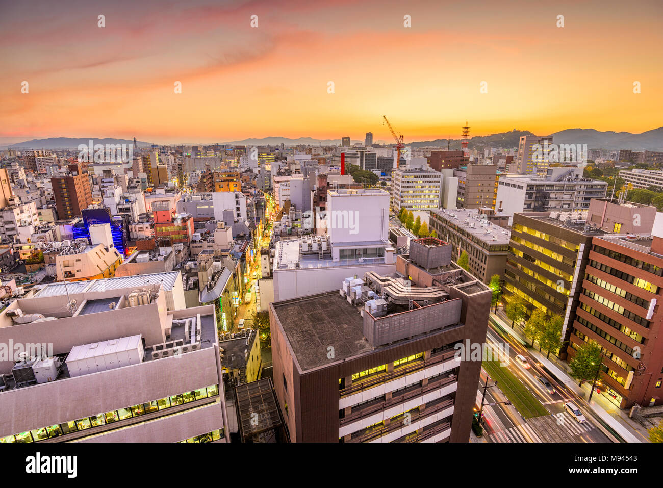 Kumamoto City, Japan downtown skyline from above at dusk. Stock Photo