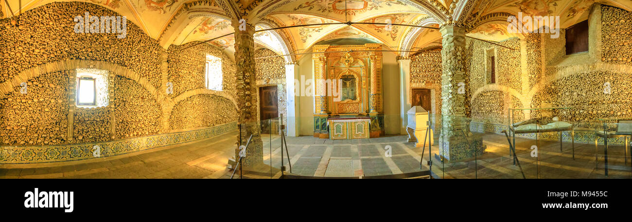 Evora, Portugal - August 18, 2017: Panorama of Chapel of Bones or Capela dos Ossos, one of the most visited monuments of Evora, Portugal. It is an internal chapel next to the Church of San Francesco. Stock Photo