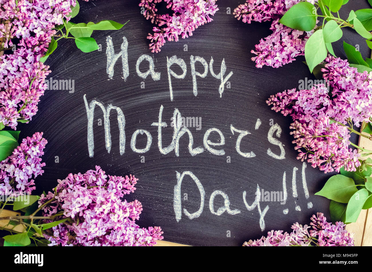 Wording Happy Mother's Day on chalkboard background with lilac flowers