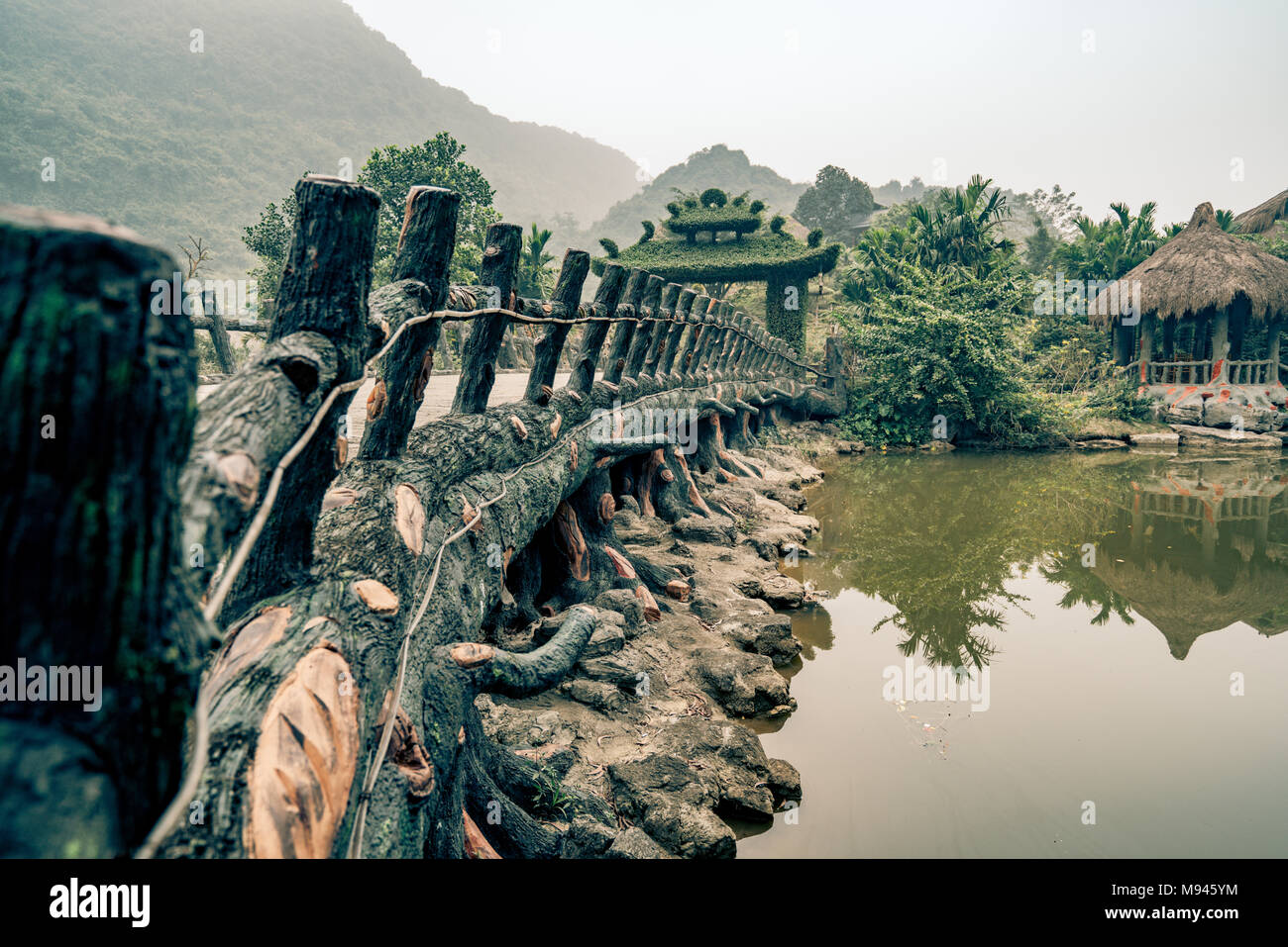 a wooden bridge leads to an arch bush in Vietnam Stock Photo - Alamy