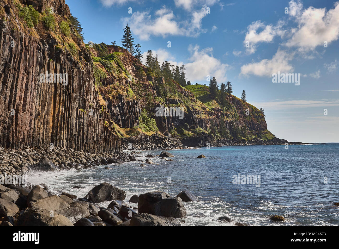 Cliff face of Cascade Bay,Norfolk Island,Australia with Norfolk pine trees on cliff edge Stock Photo