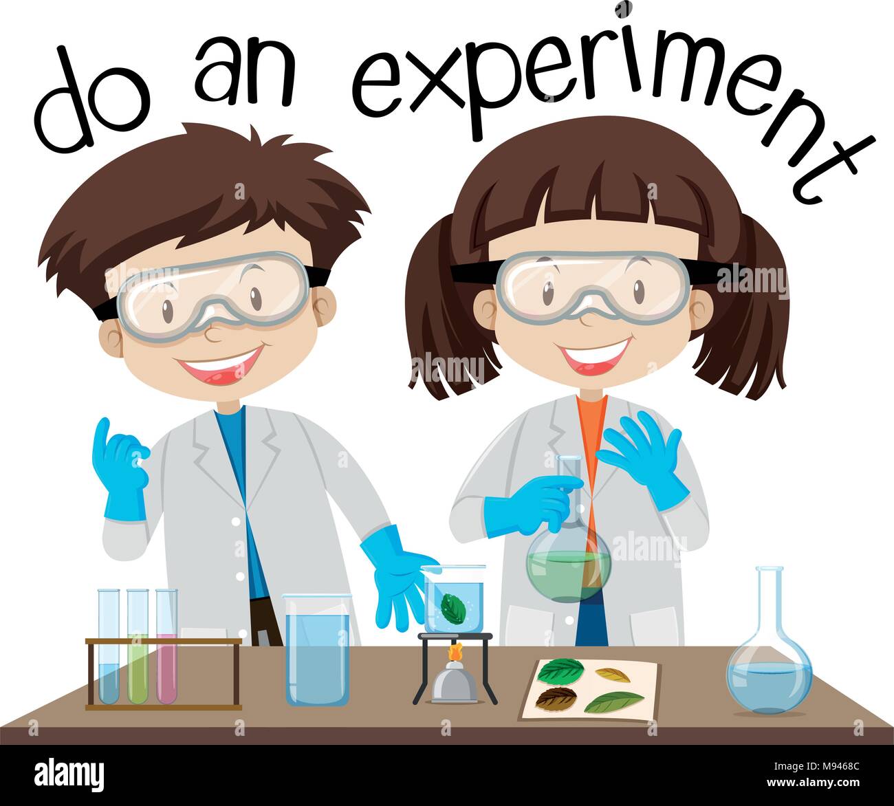 Two kids doing experiment in science lab illustration Stock Vector