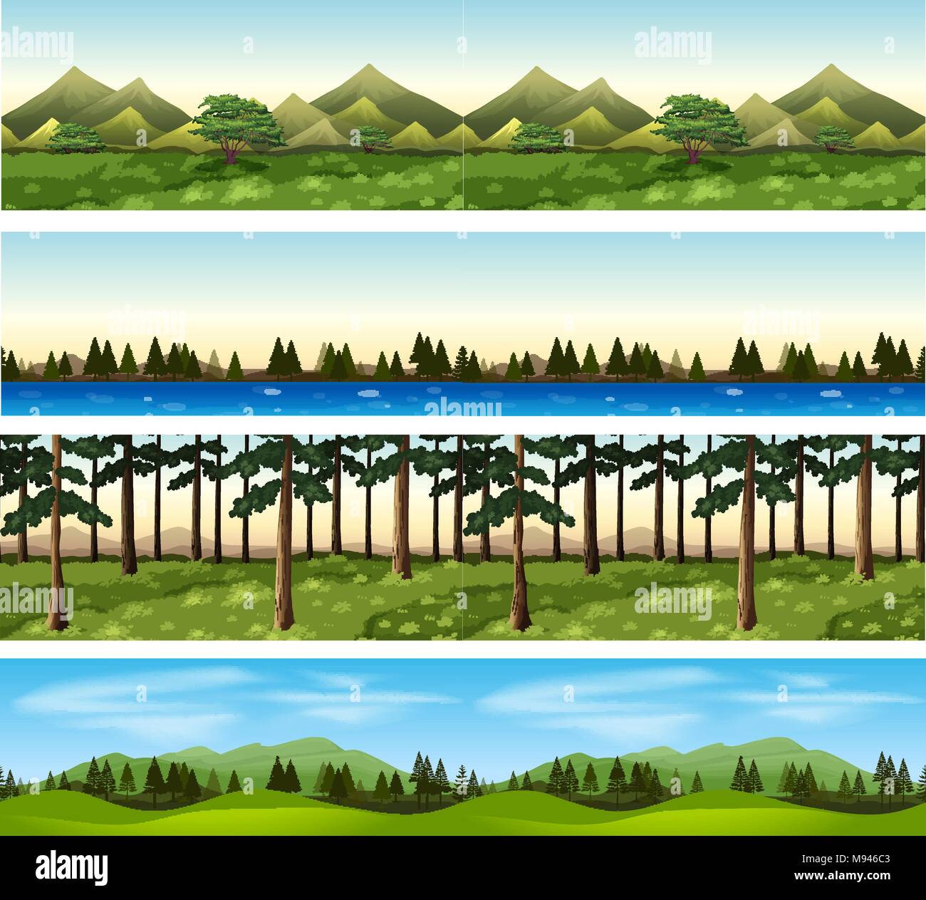 Different background scenes of mountains and trees illustration Stock ...