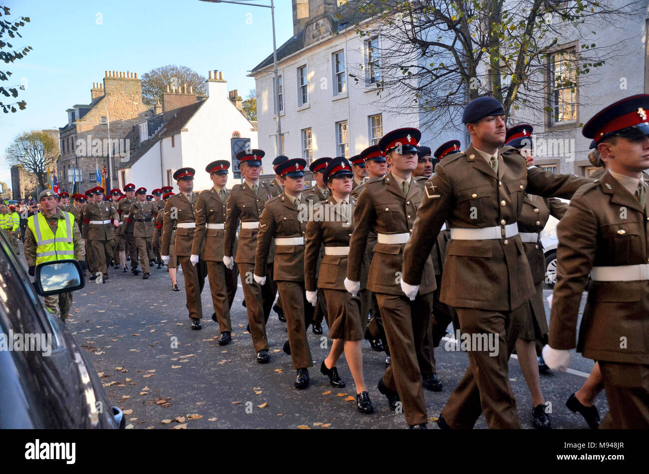 Representatives of the British army based in Leuchers at a remembrance day parade in St Andrews Fife Stock Photo