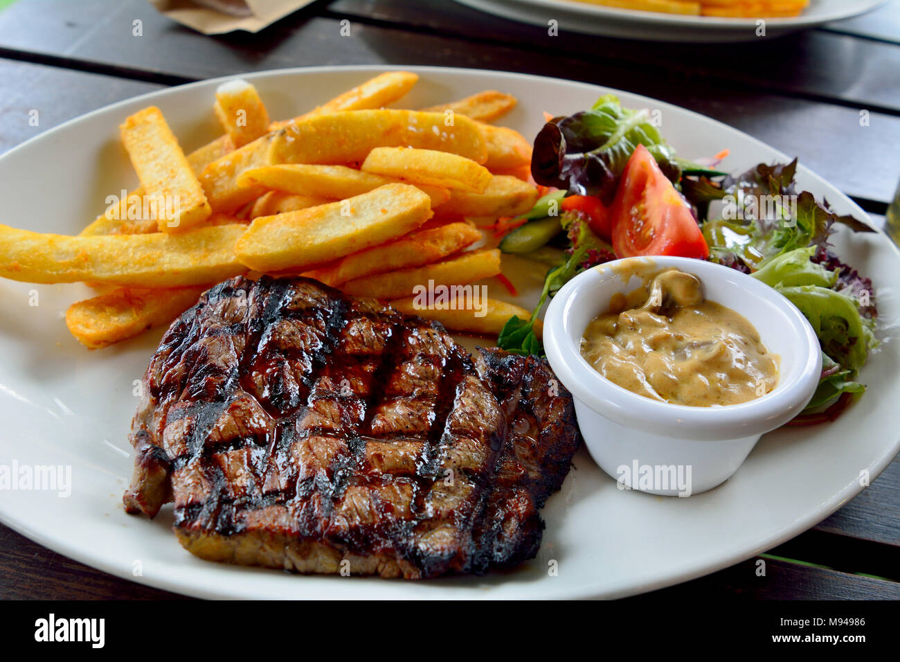 Plate of beef steak with salad, fried potatoes and mushroom sauce Stock  Photo - Alamy