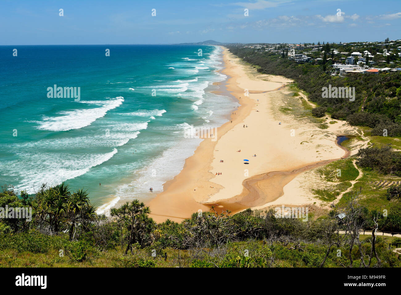 View over Sunshine Beach south of Noosa, QLD, with people. Stock Photo