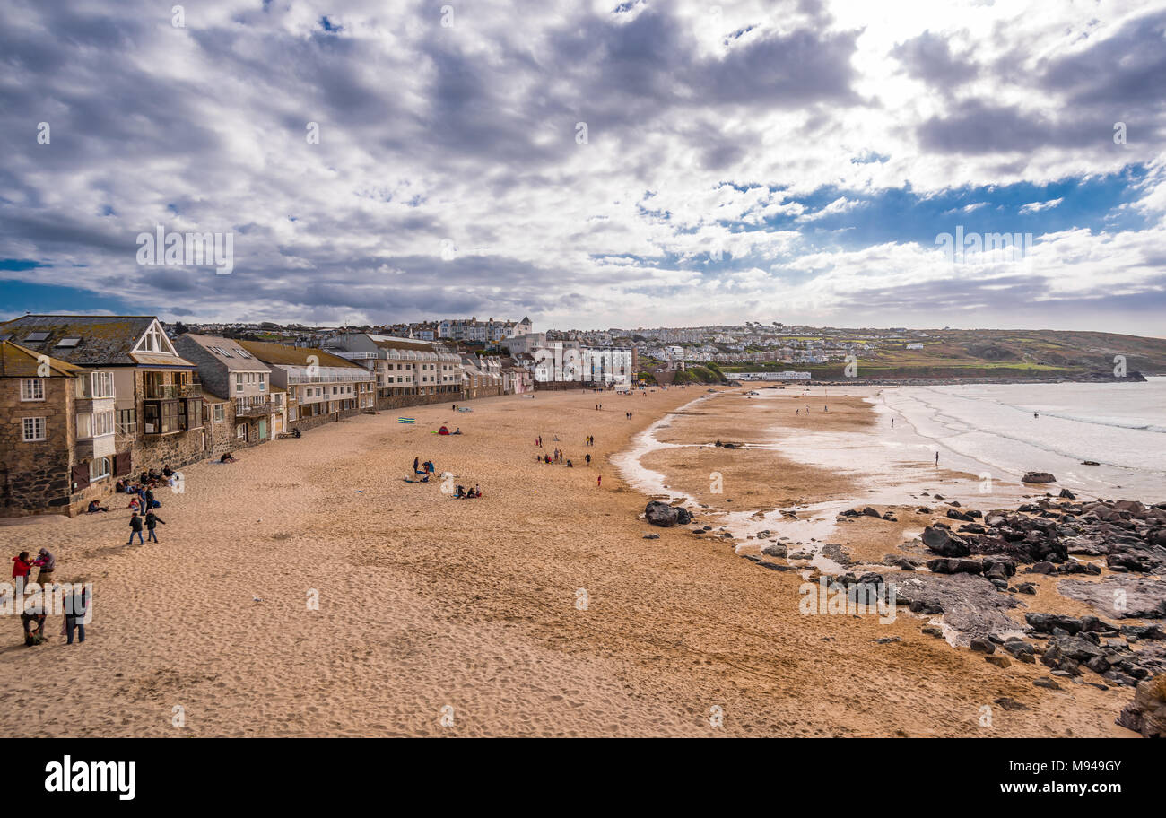 View of Porthmeor beach, in St Ives, during low tide. Cornwall, United Kingdom. Stock Photo