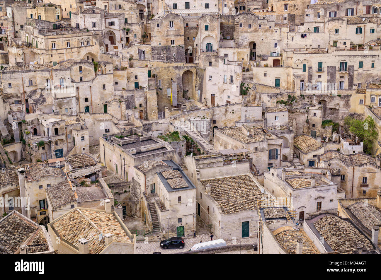 Old houses and buildings in the town of Matera, Italy, with old stone