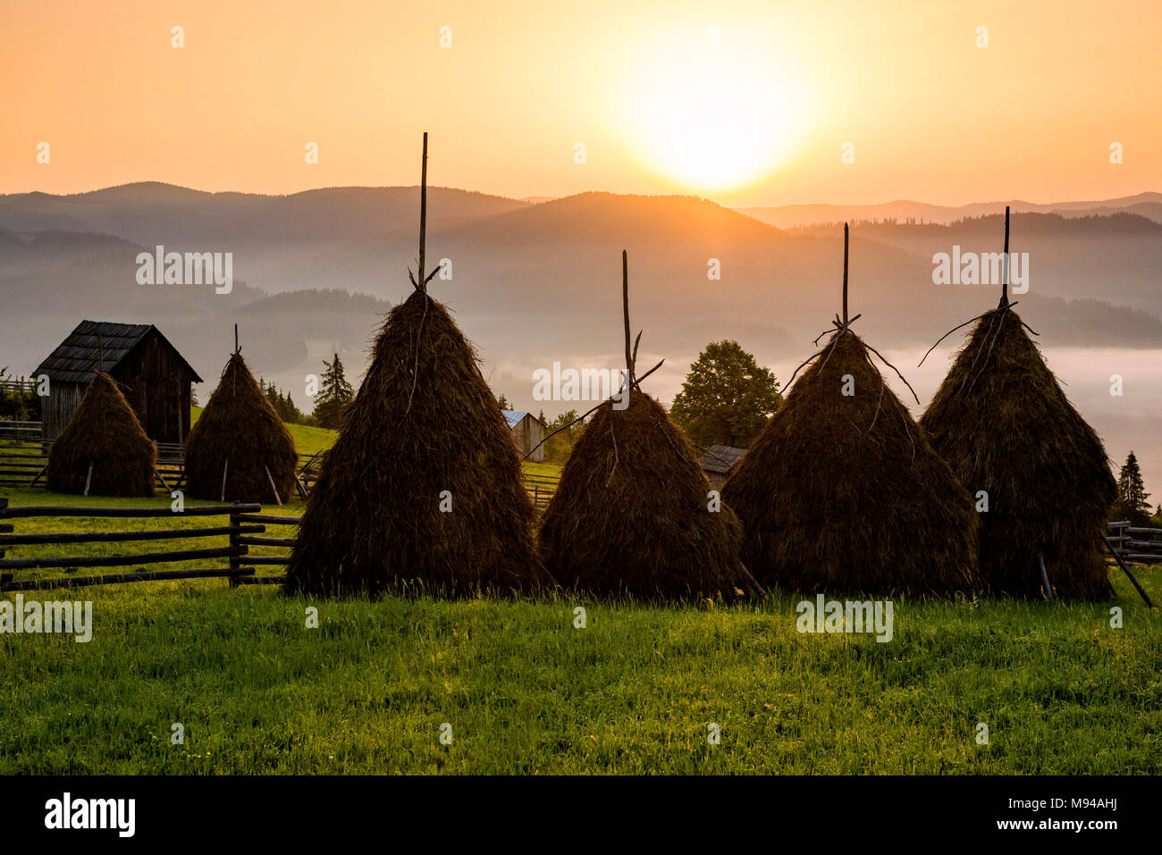 Charming countryside of Bucovina region in Romania with sunrise over the rolling hills filled in fog Stock Photo