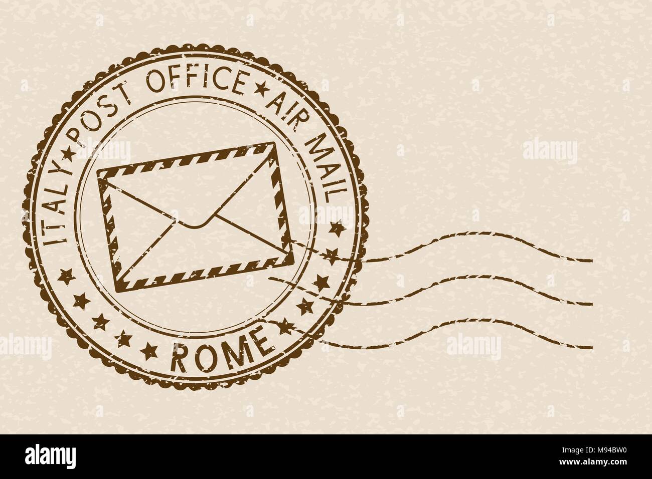 Postal stamp, round brown postmark with envelope icon. ROME, Italy Stock Vector