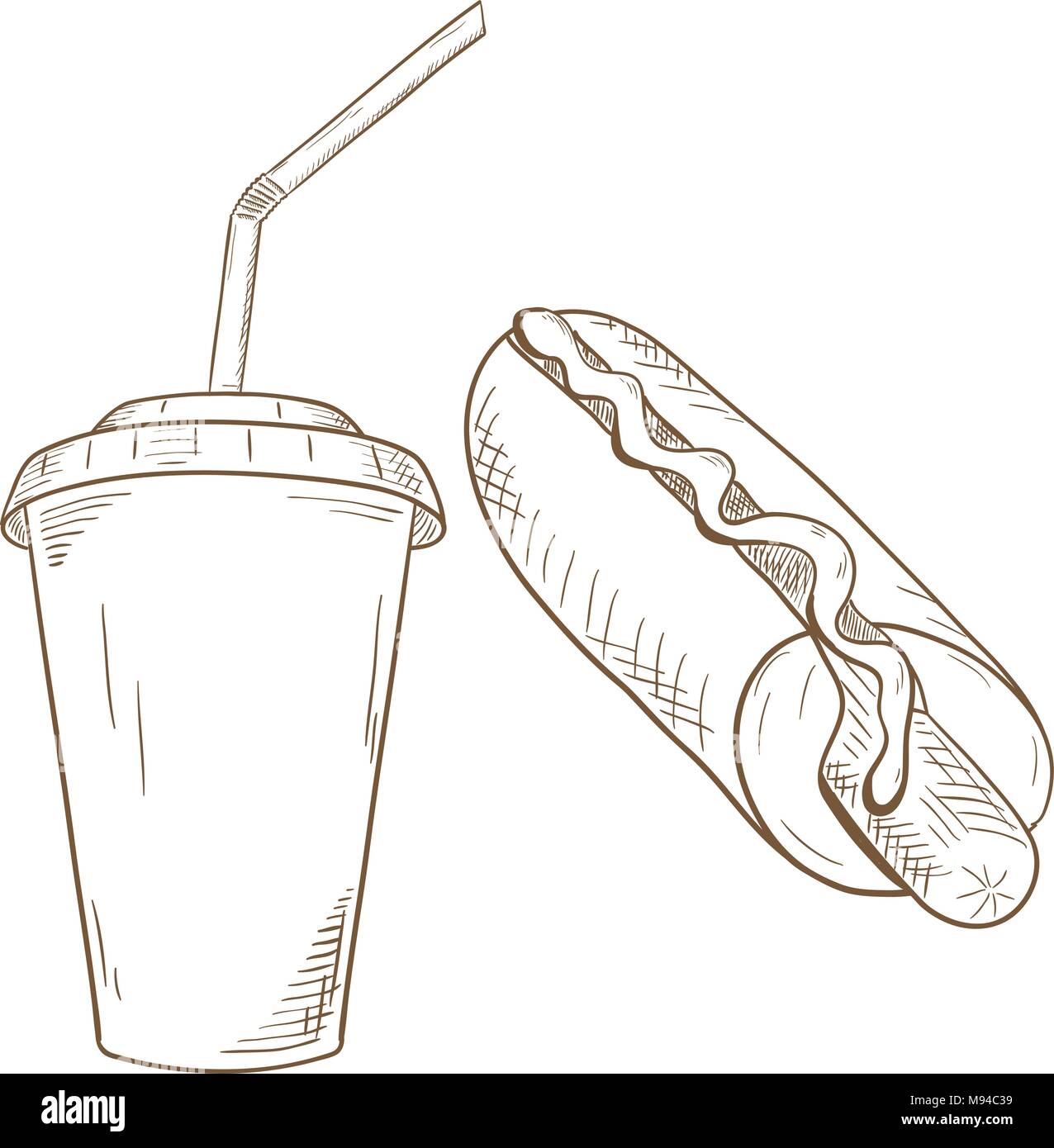 Hot dog and drink in disposable paper cup.Hand drawn sketch Stock Vector