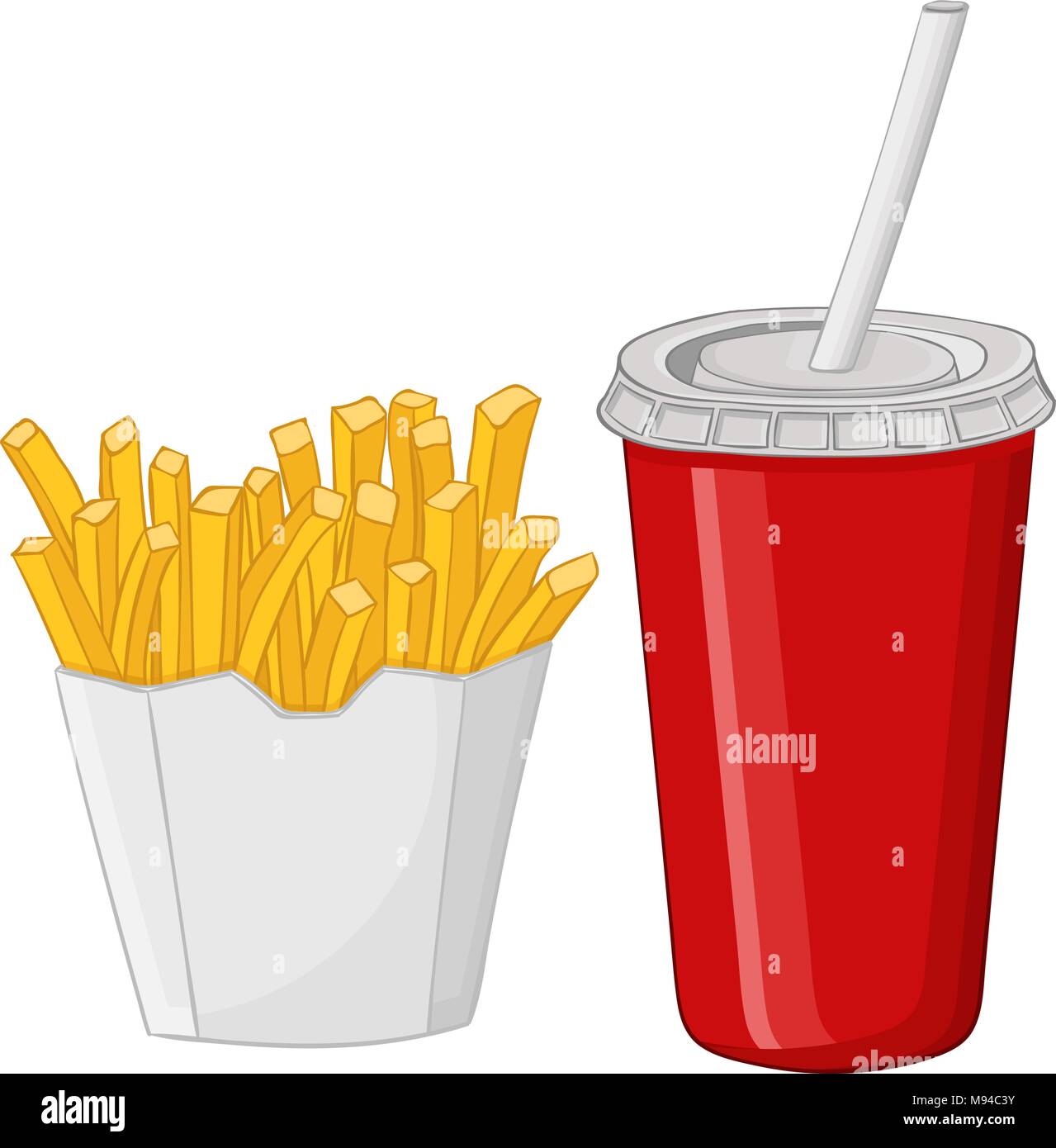 French fries and a drink in a red disposable cup Stock Vector
