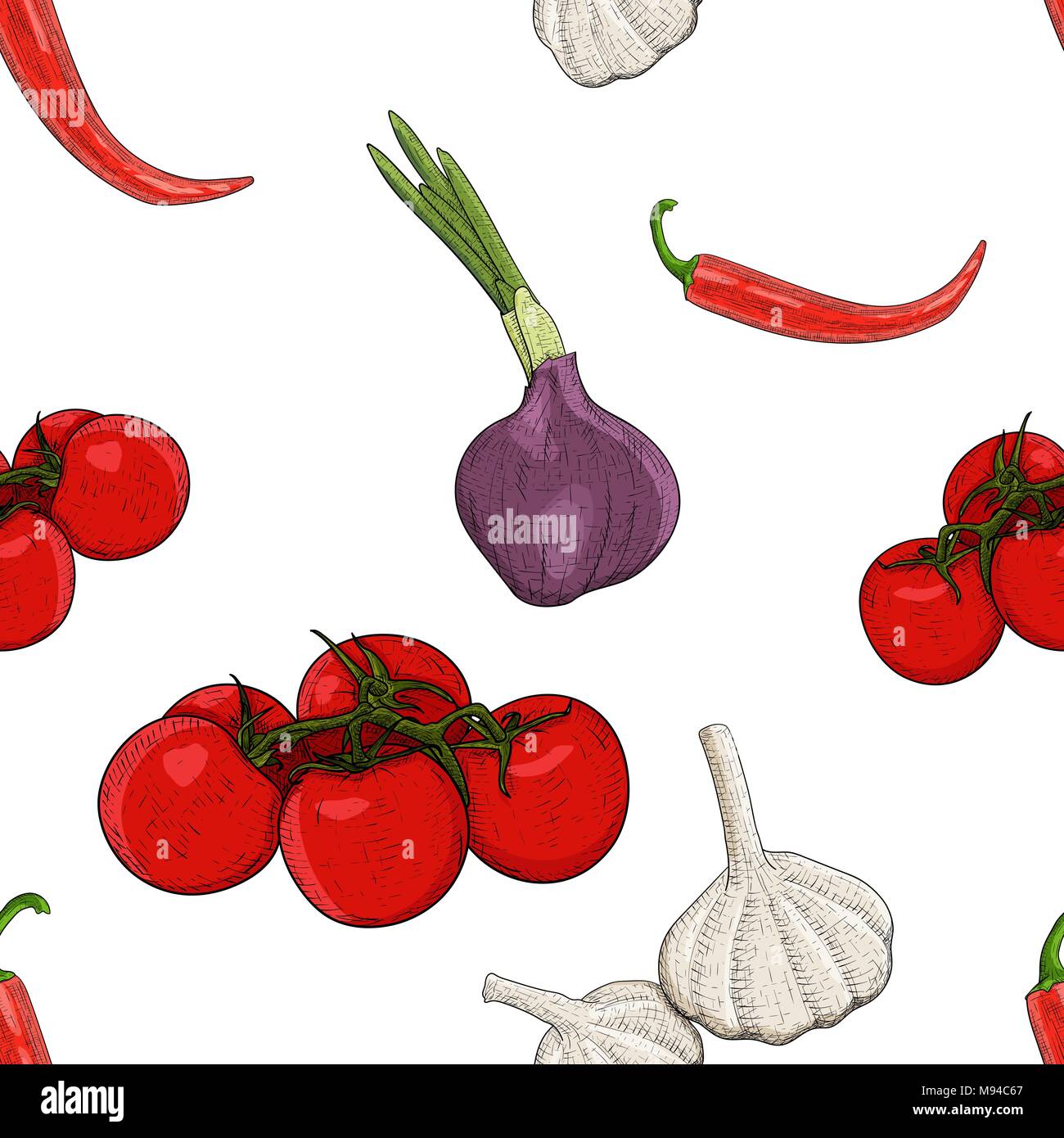Vegetables. Hand drawn colored sketch as seamless pattern Stock Vector