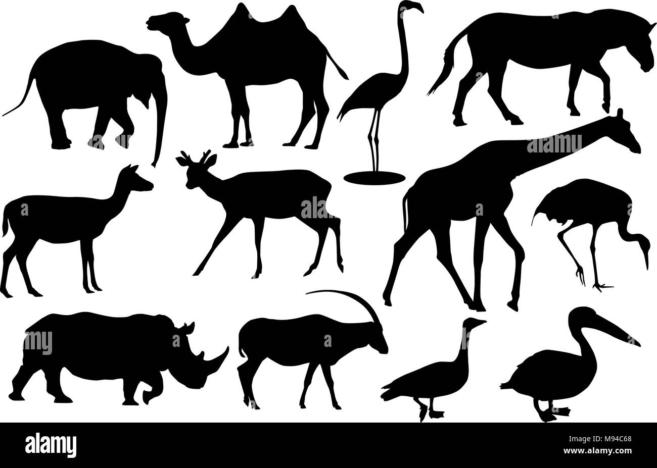 Wild animals and birds. Black silhouette icons Stock Vector
