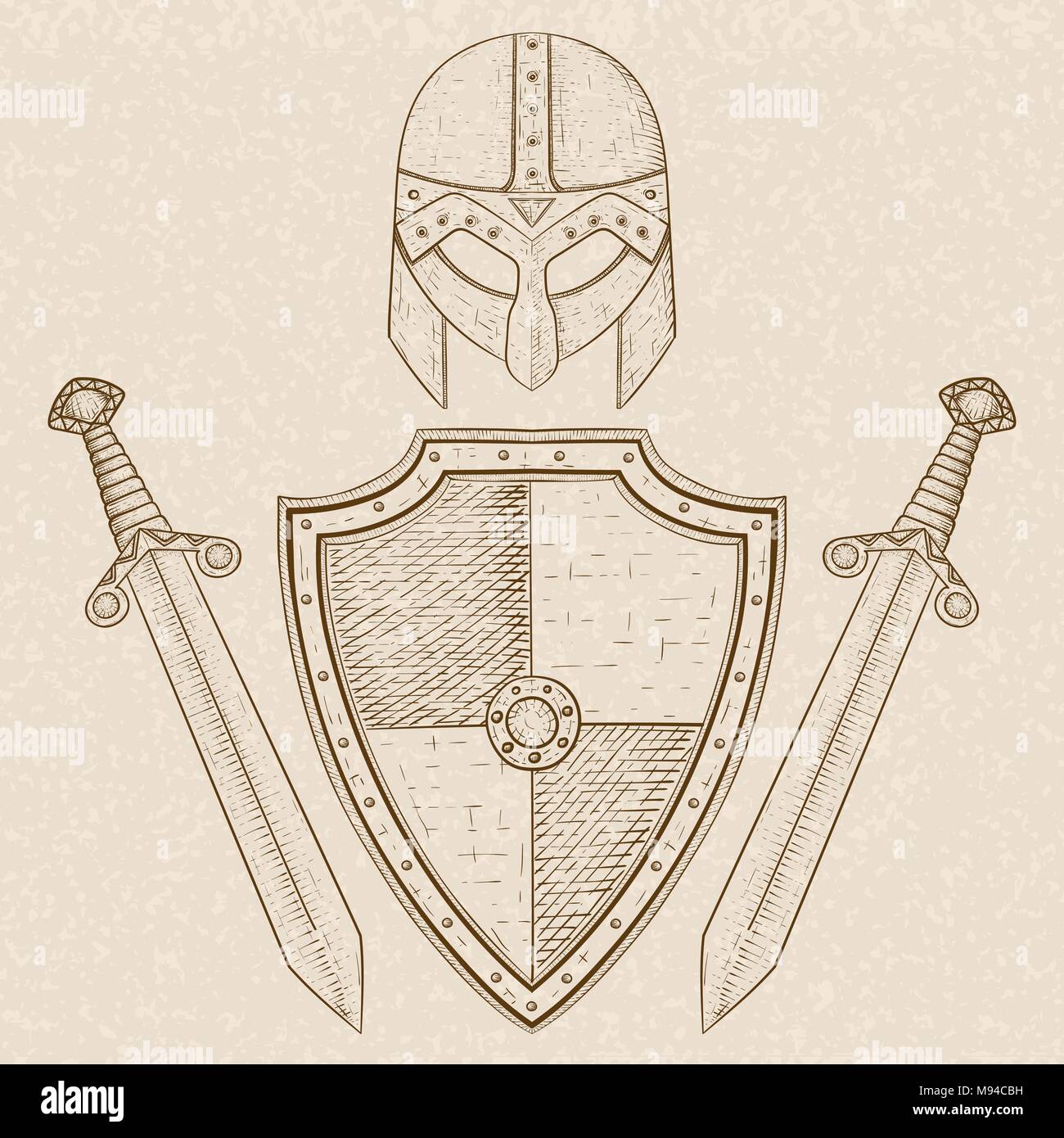 Viking Warrior Set Shield Swords And Helmet Hand Drawn Sketch Stock Vector Image Art Alamy