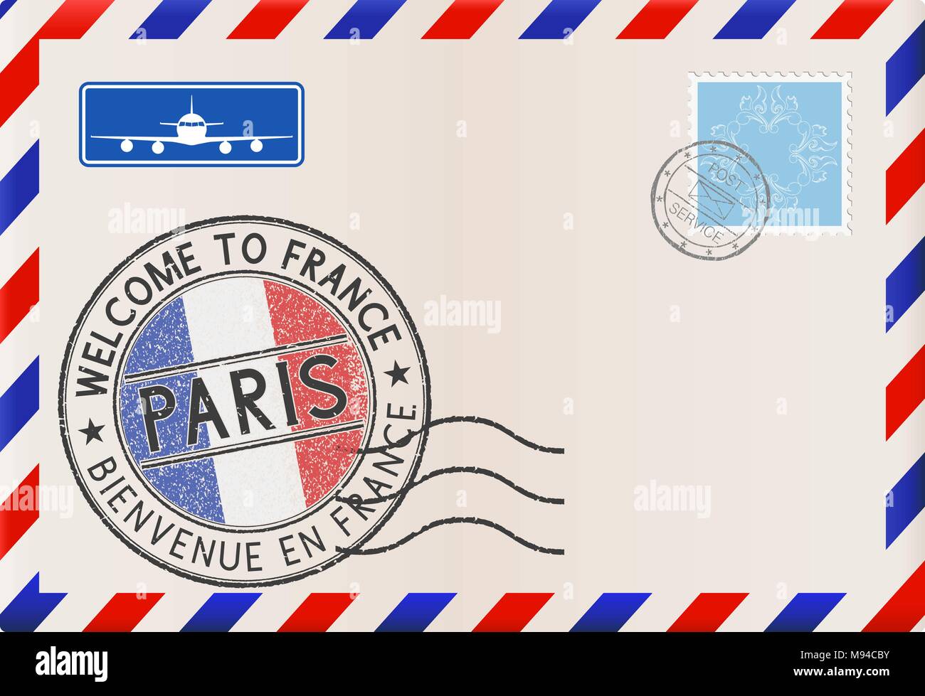 Welcome to France. Colored tourist stamp PARIS with national flag ...