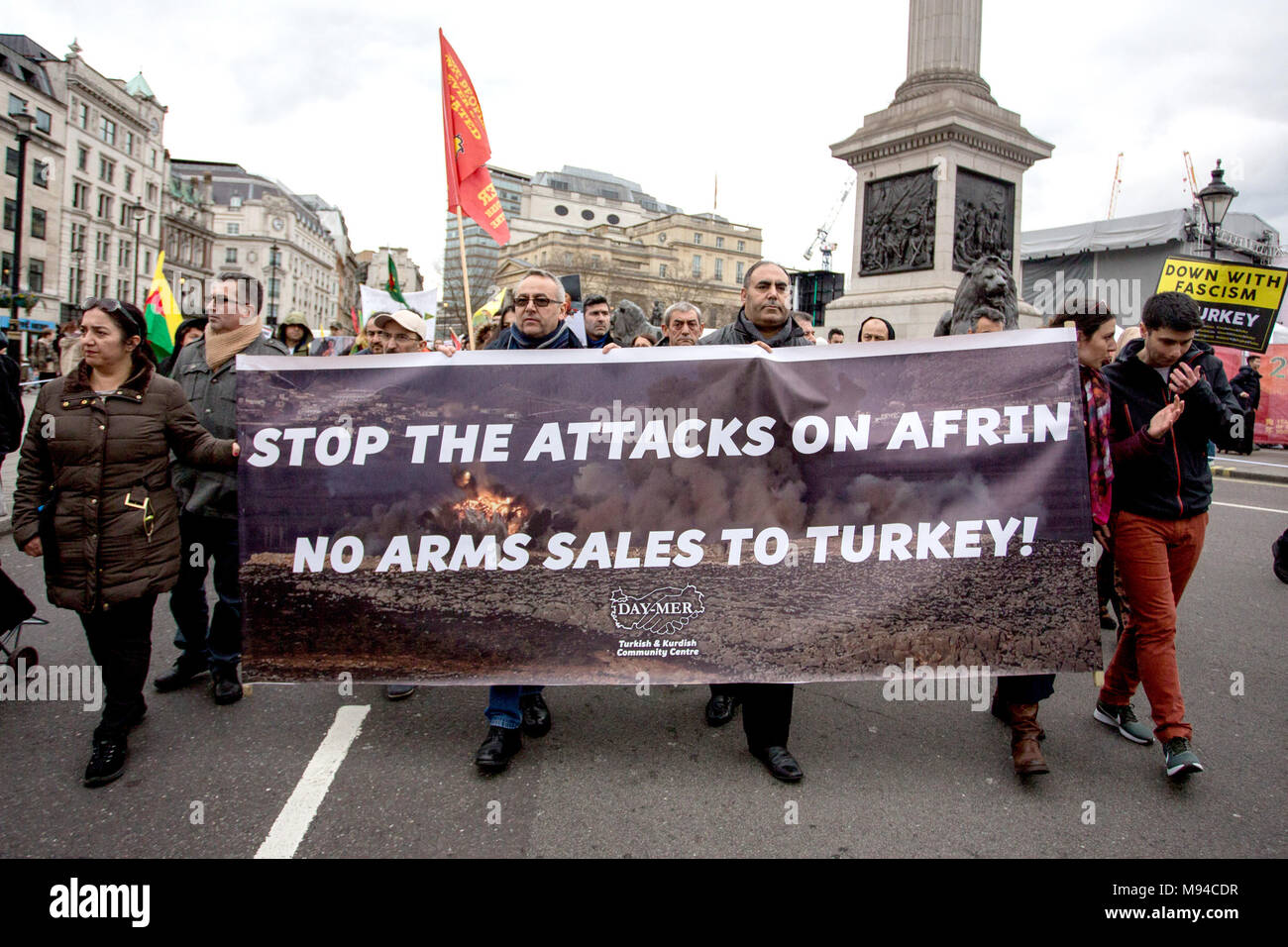 Protest march by UK Kurds against the invasion of Afrin by the Turkish state. Kurdish immigrants take to the streets of Europe to protest against the Turkish military operation in the Syrian city of Afrin. The operation, dubbed Olive Branch, started on January 20 following the US announcement of its decision to train a 30,000-strong border security force on Syria’s northern borders that would include the US-backed Syrian Democratic Forces (SDF) affiliated with the YPG, which Ankara regards as a terrorist group.  Featuring: atmosphere Where: London, United Kingdom When: 18 Feb 2018 Credit: Whea Stock Photo