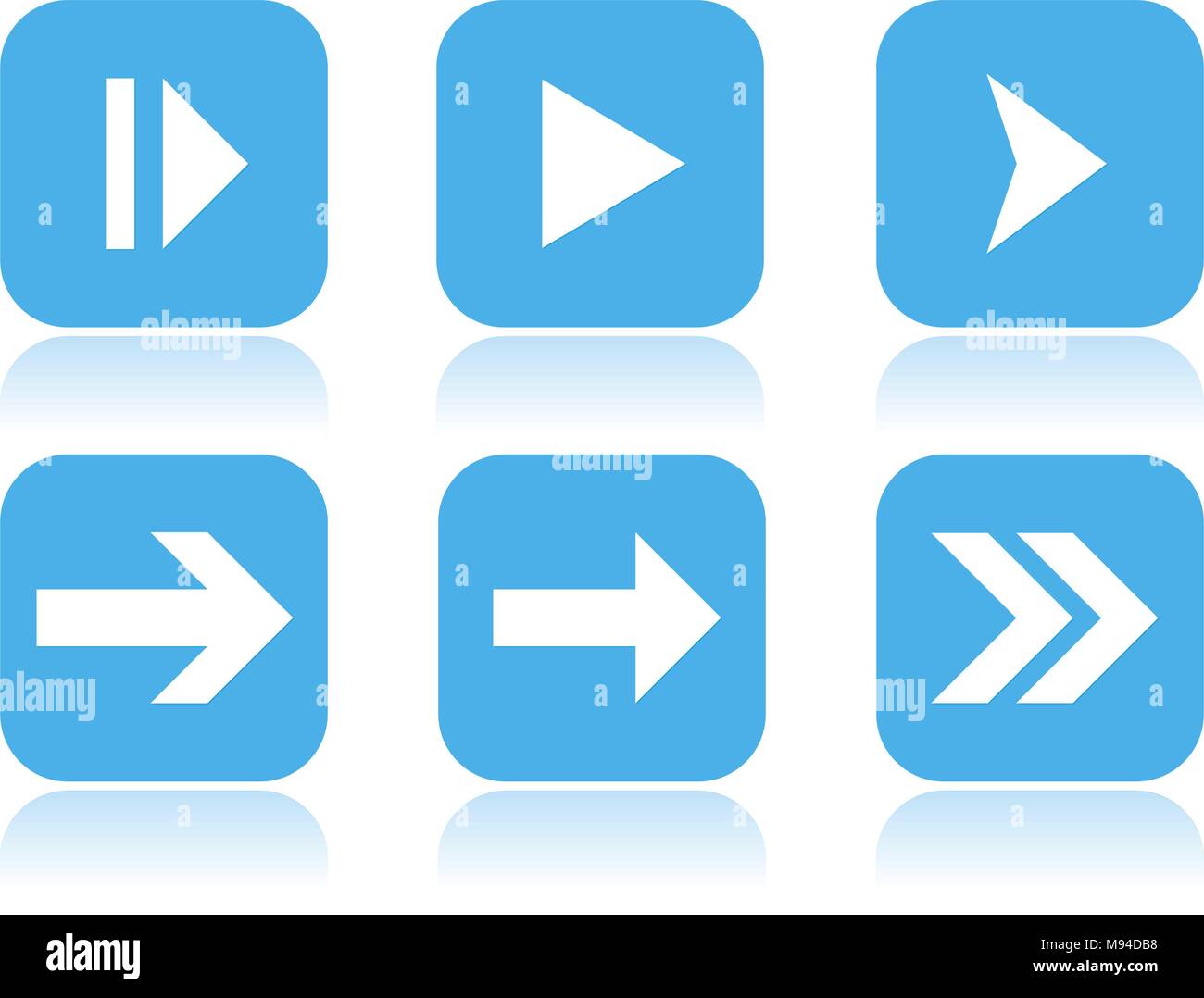 Arrow icons. Square blue icons with reflection Stock Vector