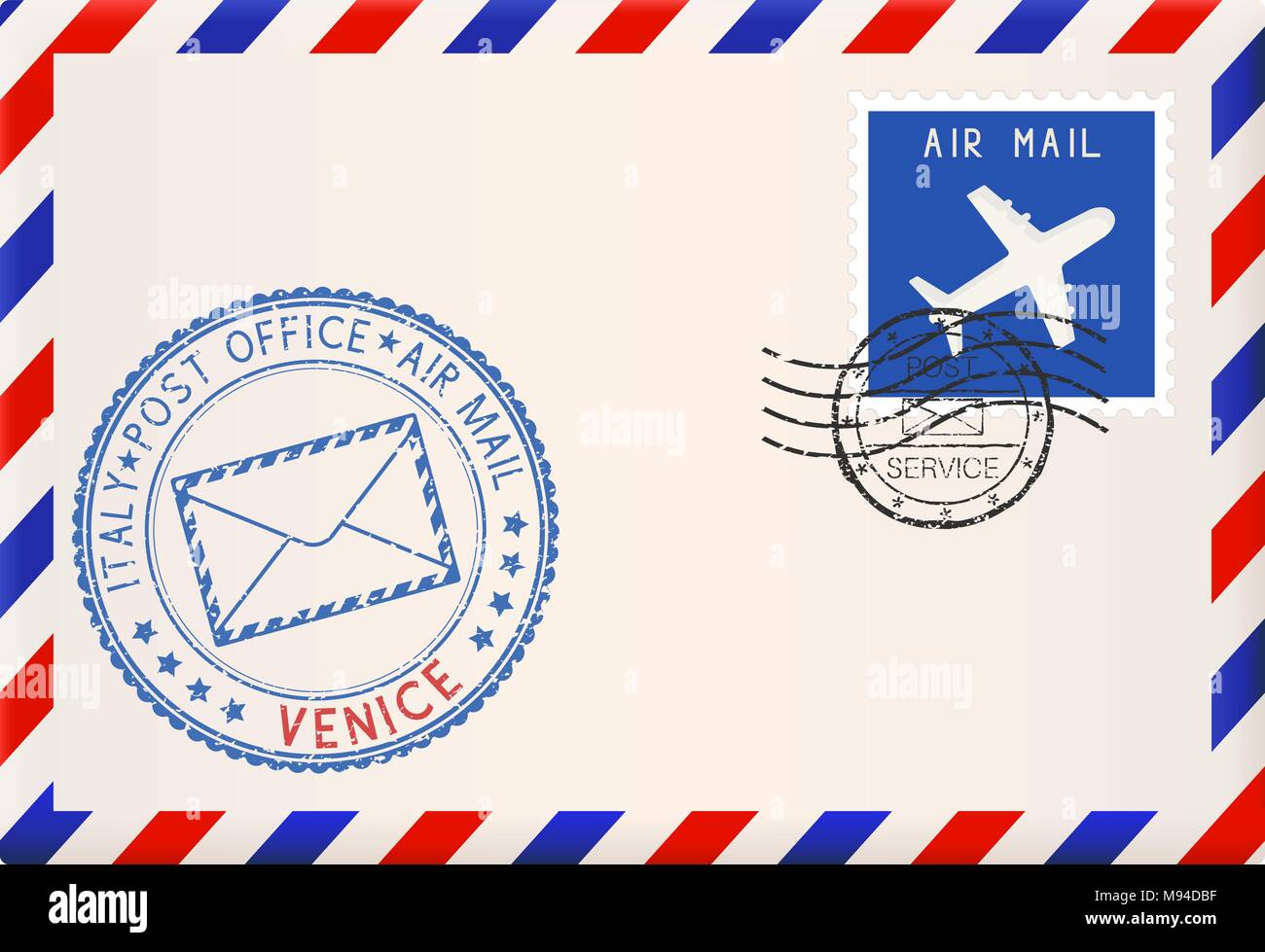 Envelope with VENICE stamp. International mail postage with postmark