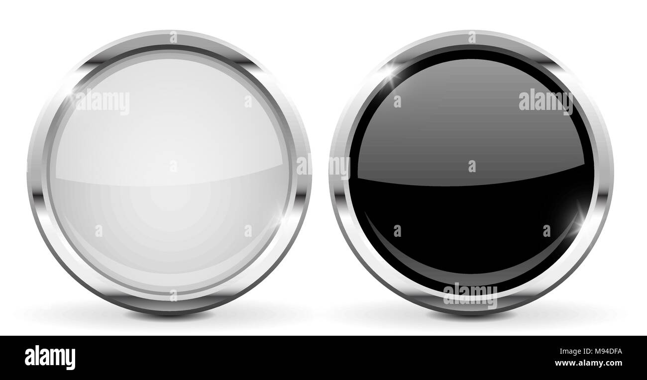 Round glass buttons. Set of black and white 3d icons with chrome frame Stock Vector