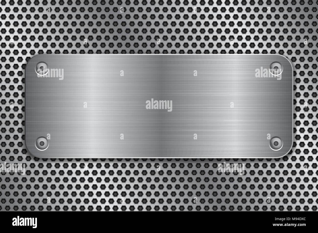 Metal plate with screws on perforated texture Stock Vector