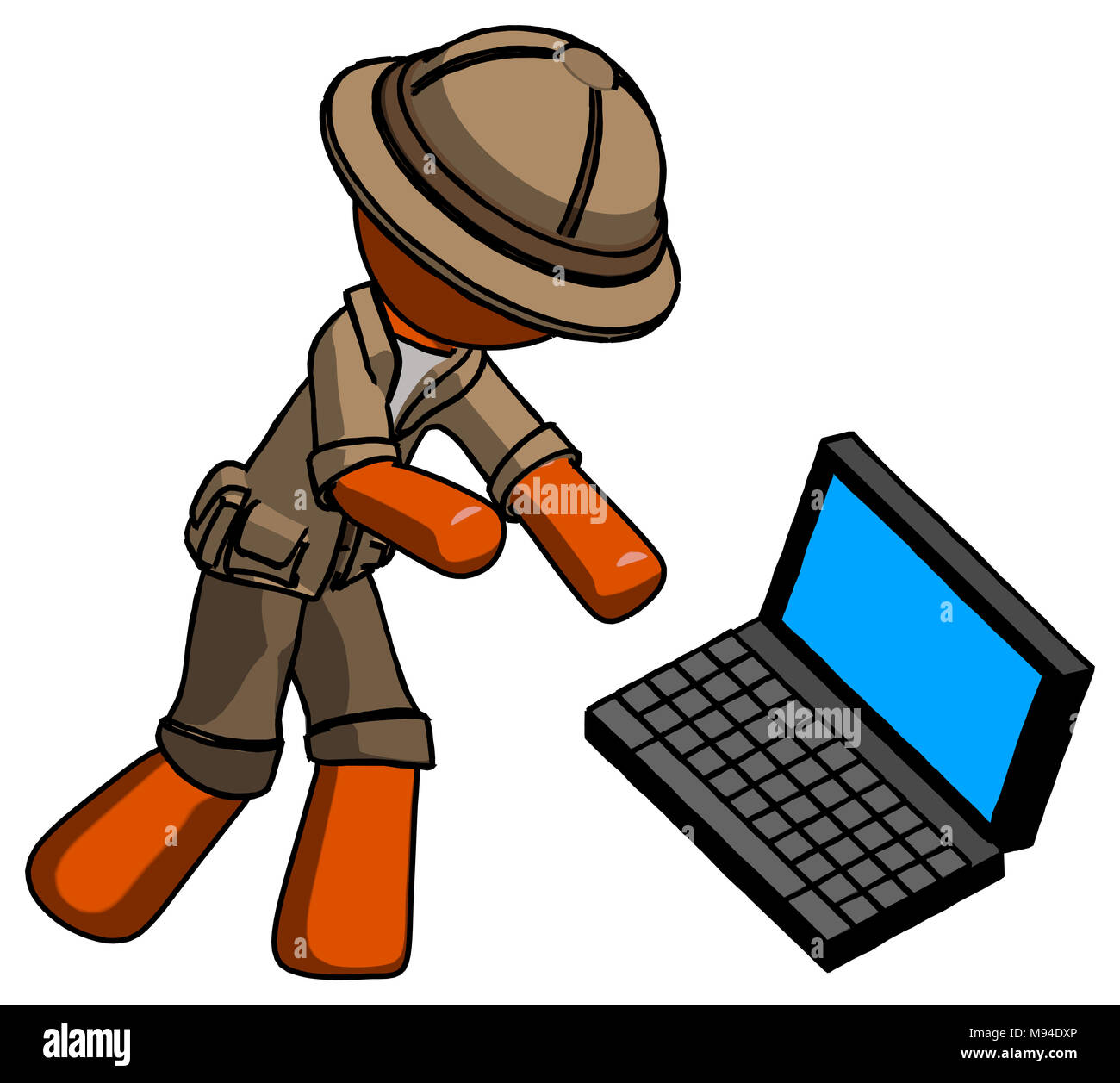 Orange explorer ranger man throwing laptop computer in frustration ...