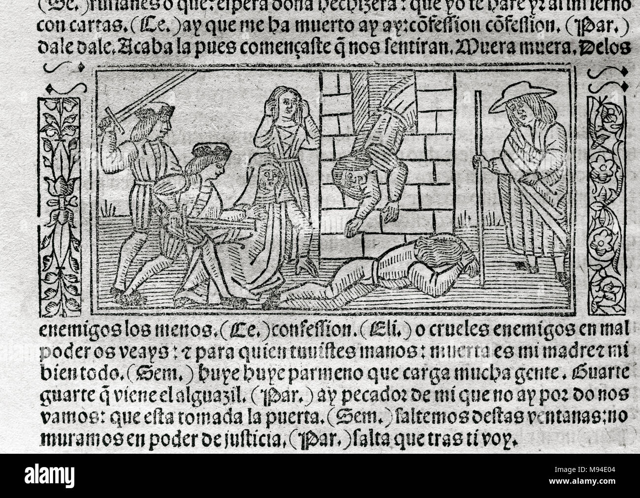 The Celestina or Tragicomedy of Calisto and Melibea (1499), by Fernando de Rojas (ca.1465-1541). Engraving depicting a scene. Edition printed in Burgos, Castile, Spain, 1531. Stock Photo