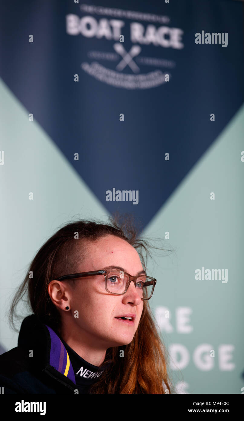 Oxford University's women's blue boat President Katherine Erickson during a press conference at the Thames Rowing Club, London. Stock Photo