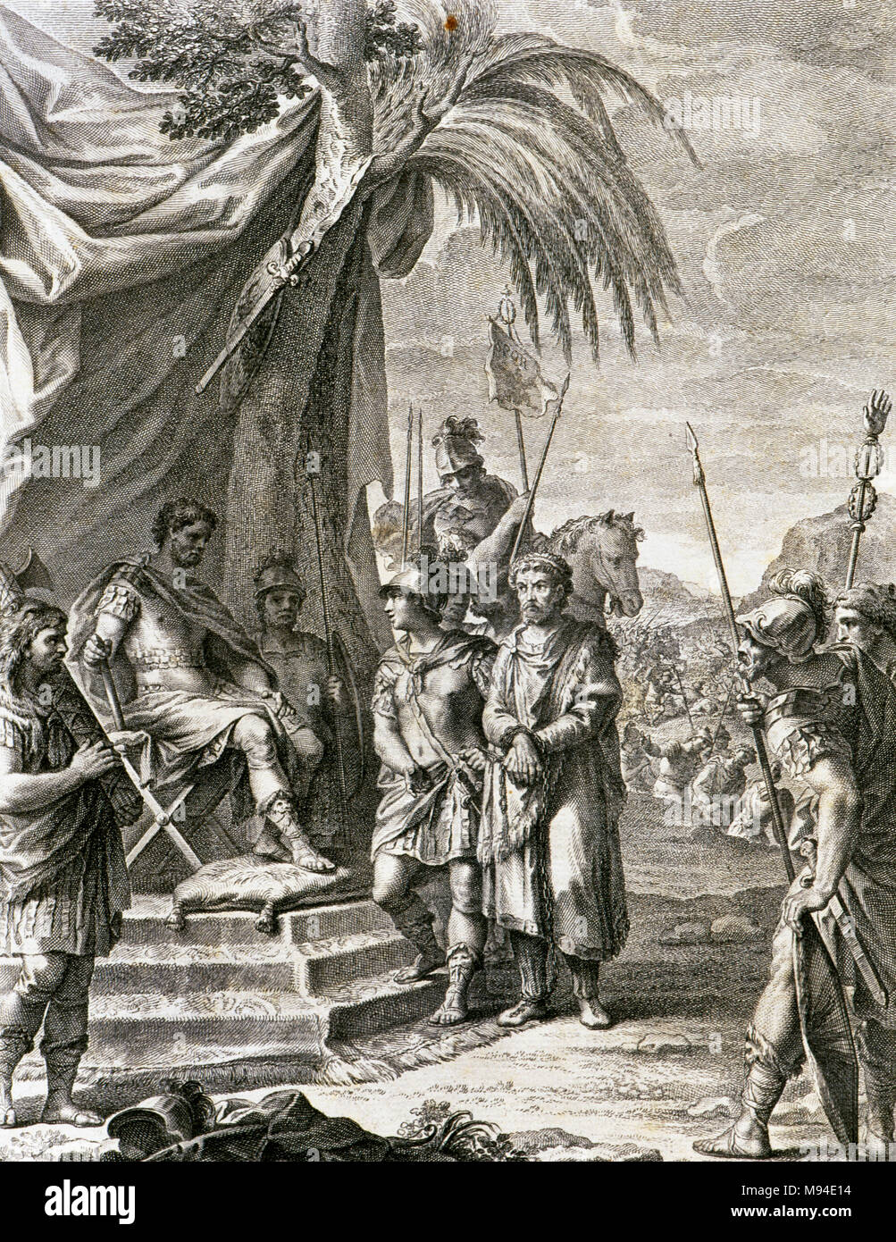 Sallust (Gaius Sallustius Crispus) (ca.86-35 BC). Roman historian and politician. King Bocchus I of Mauretania (from about 110 to between 91 and 81 BC), ally of Rome, gives to Numidian King Jugurtha to the Romans. Engraving from The War of Jugurtha. Edition of 1772. Stock Photo