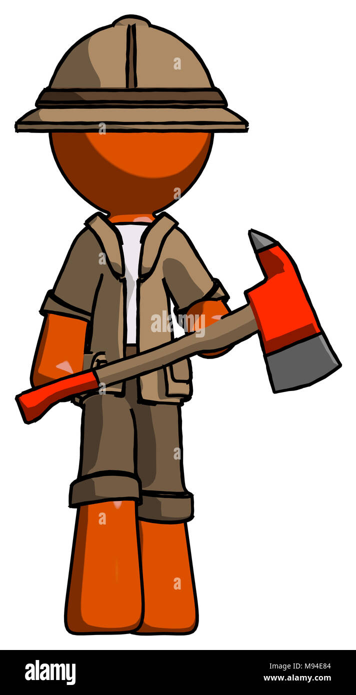 Orange explorer ranger man holding red fire fighter's ax Stock Photo ...